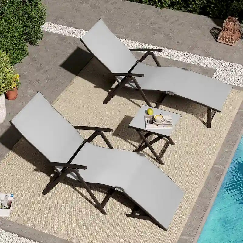 VredHom Outdoor Portable Folding Chaise Lounge Chair with Table (Set of 3) - 70 L x 20 W x 14 H