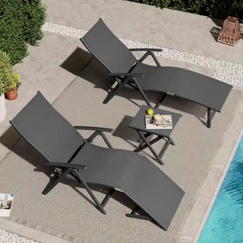 VredHom Outdoor Portable Folding Chaise Lounge Chair with Table (Set of 3) - 70 L x 20 W x 14 H