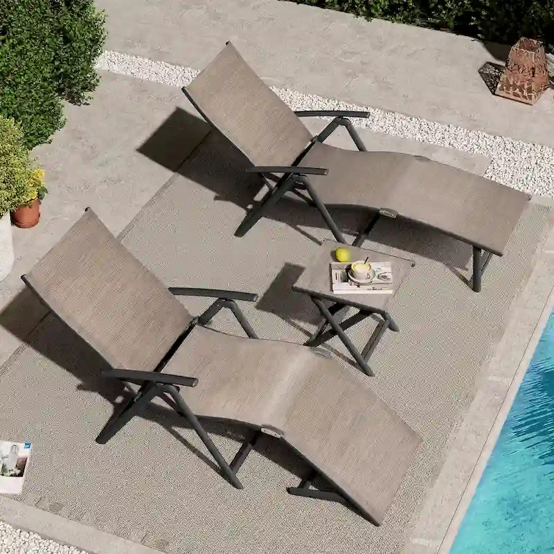 VredHom Outdoor Portable Folding Chaise Lounge Chair with Table (Set of 3) - 70 L x 20 W x 14 H