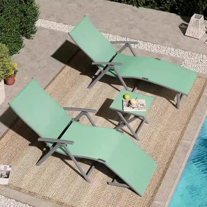 VredHom Outdoor Portable Folding Chaise Lounge Chair with Table (Set of 3) - 70 L x 20 W x 14 H