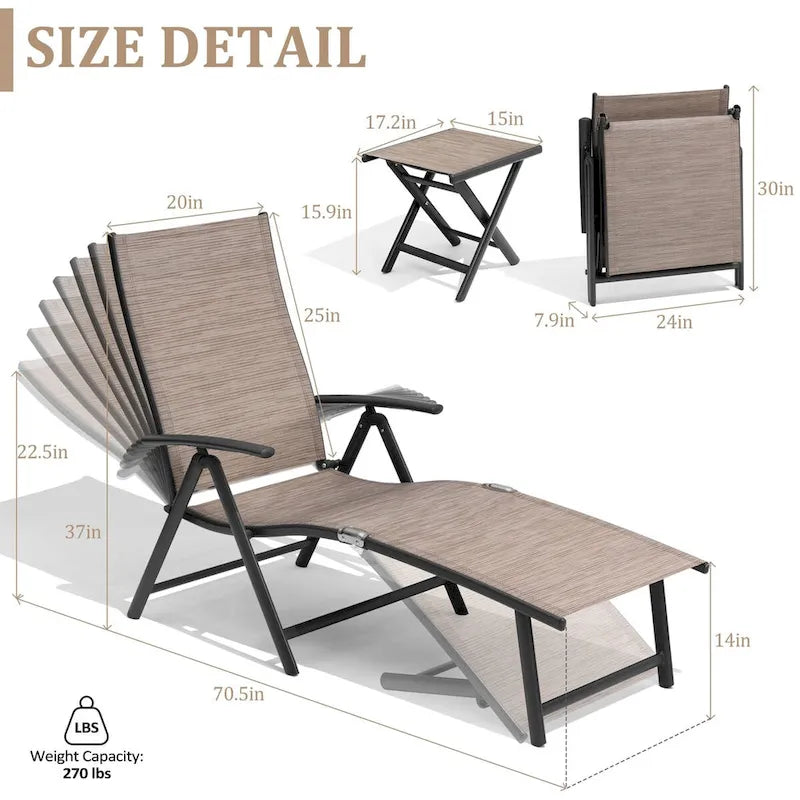 VredHom Outdoor Portable Folding Chaise Lounge Chair with Table (Set of 3) - 70 L x 20 W x 14 H