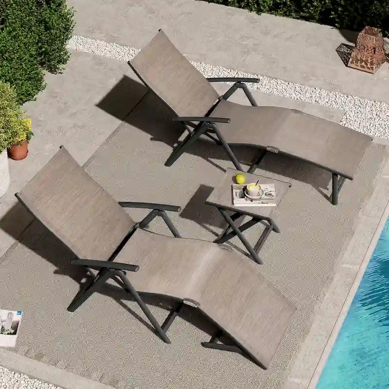VredHom Outdoor Portable Folding Chaise Lounge Chair with Table (Set of 3) - 70 L x 20 W x 14 H