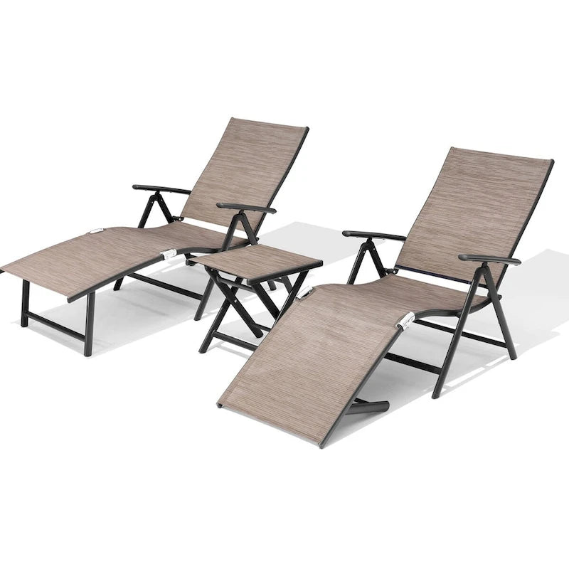 VredHom Outdoor Portable Folding Chaise Lounge Chair with Table (Set of 3) - 70 L x 20 W x 14 H