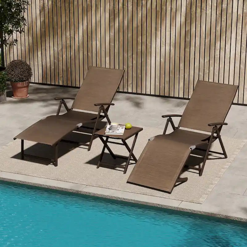 VredHom Outdoor Portable Folding Chaise Lounge Chair with Table (Set of 3) - 70 L x 20 W x 14 H
