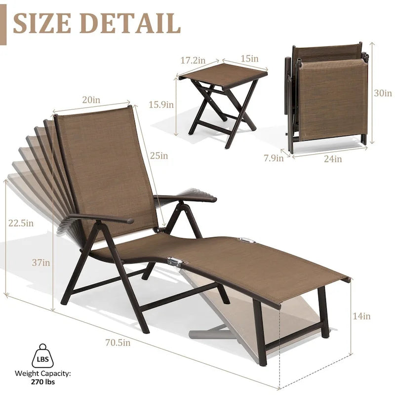 VredHom Outdoor Portable Folding Chaise Lounge Chair with Table (Set of 3) - 70 L x 20 W x 14 H
