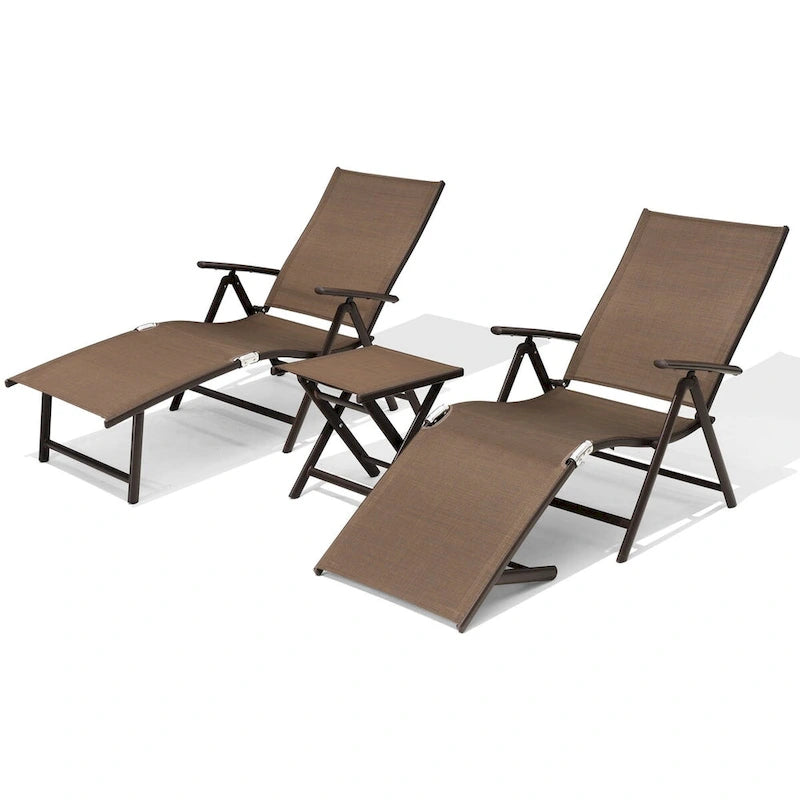 VredHom Outdoor Portable Folding Chaise Lounge Chair with Table (Set of 3) - 70 L x 20 W x 14 H