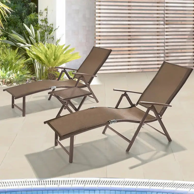 VredHom Outdoor Portable Folding Chaise Lounge Chair with Table (Set of 3) - 70 L x 20 W x 14 H