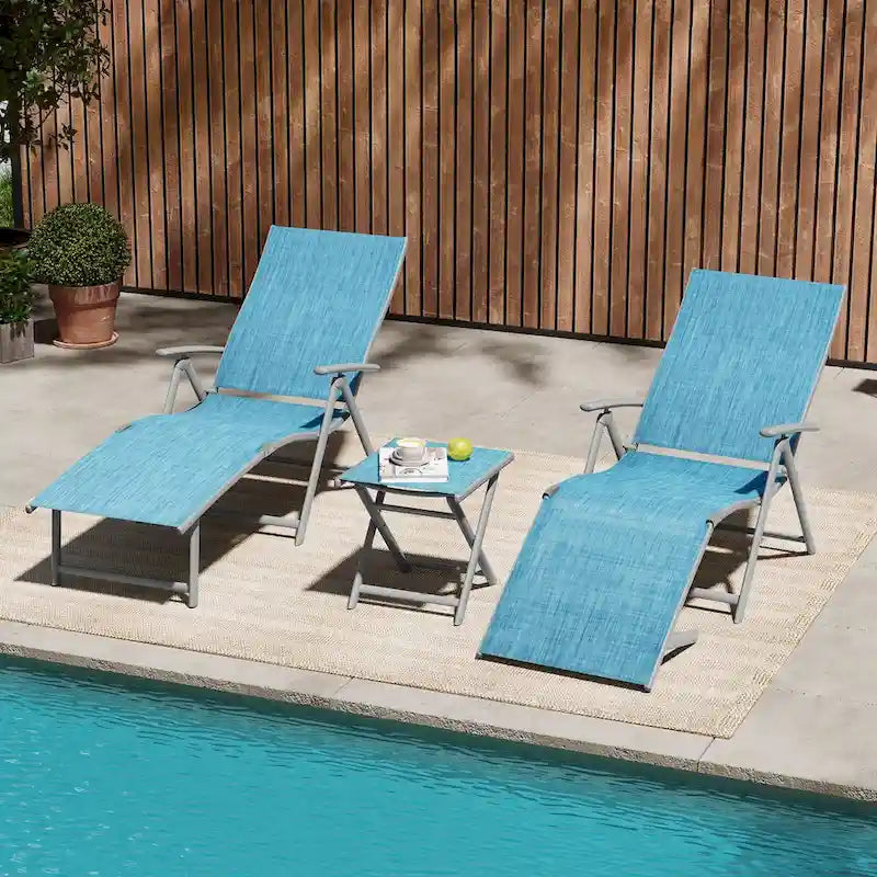 VredHom Outdoor Portable Folding Chaise Lounge Chair with Table (Set of 3) - 70 L x 20 W x 14 H