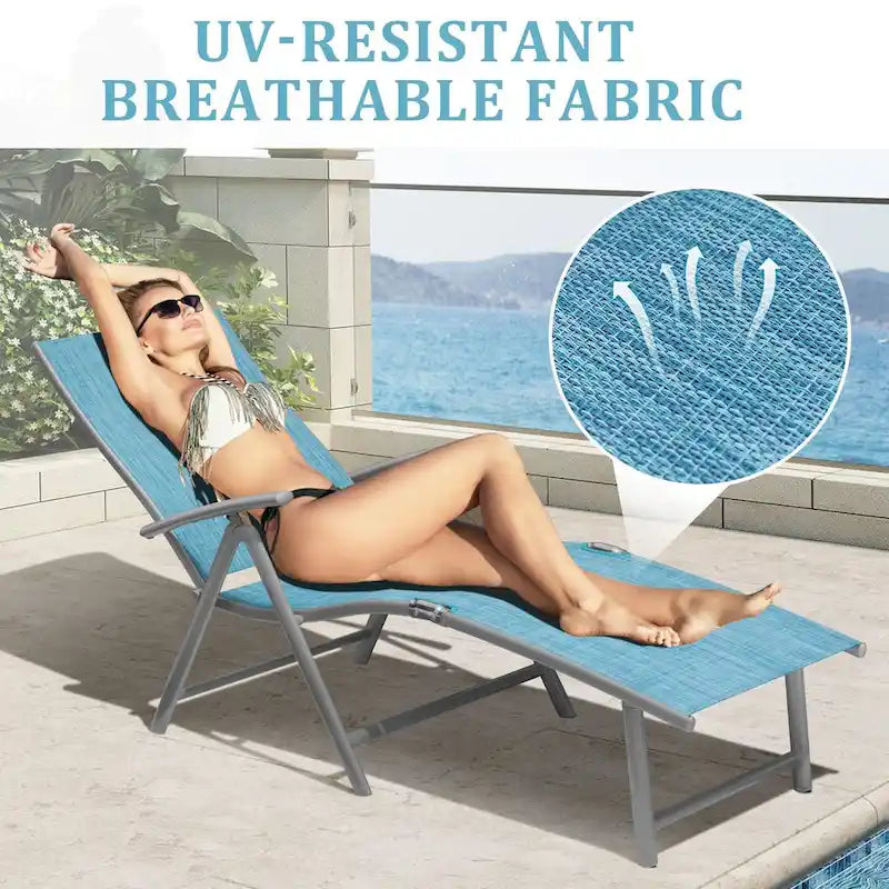 VredHom Outdoor Portable Folding Chaise Lounge Chair with Table (Set of 3) - 70 L x 20 W x 14 H