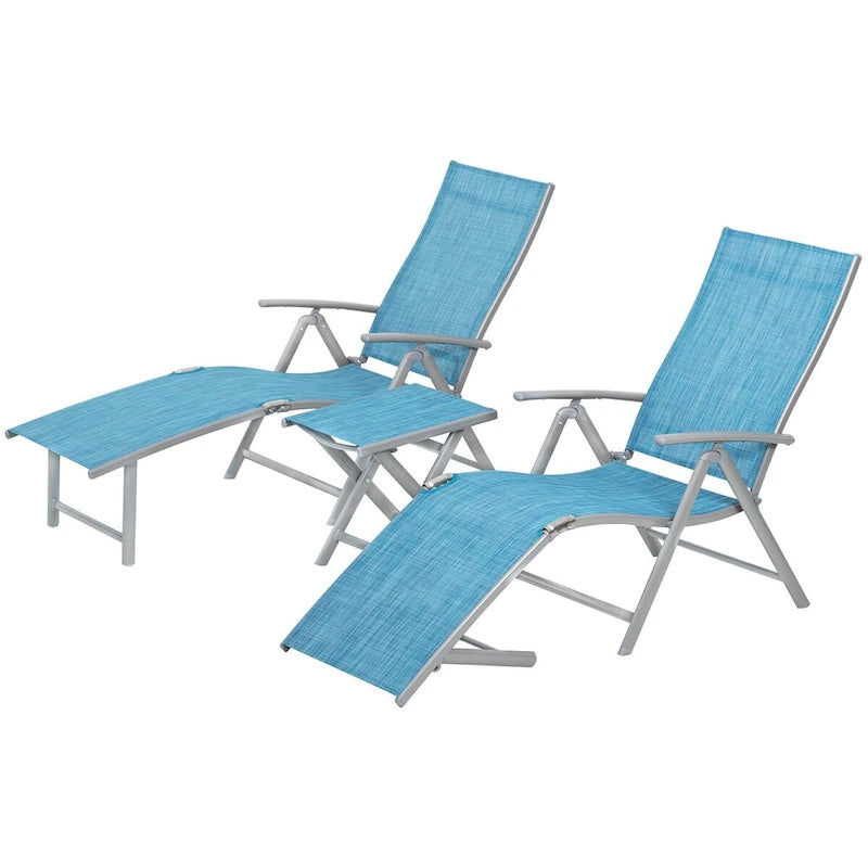 VredHom Outdoor Portable Folding Chaise Lounge Chair with Table (Set of 3) - 70 L x 20 W x 14 H
