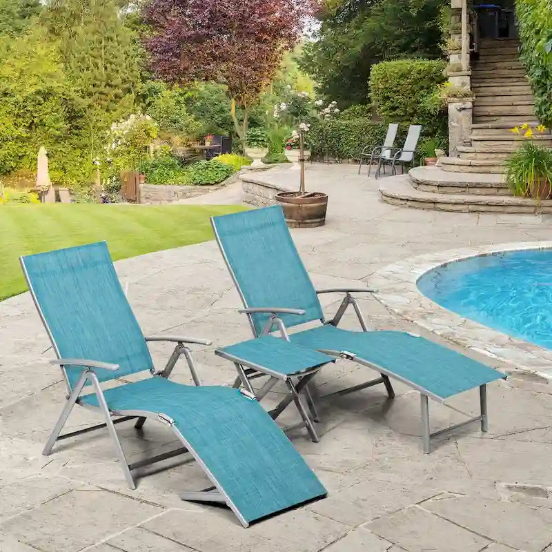 VredHom Outdoor Portable Folding Chaise Lounge Chair with Table (Set of 3) - 70 L x 20 W x 14 H