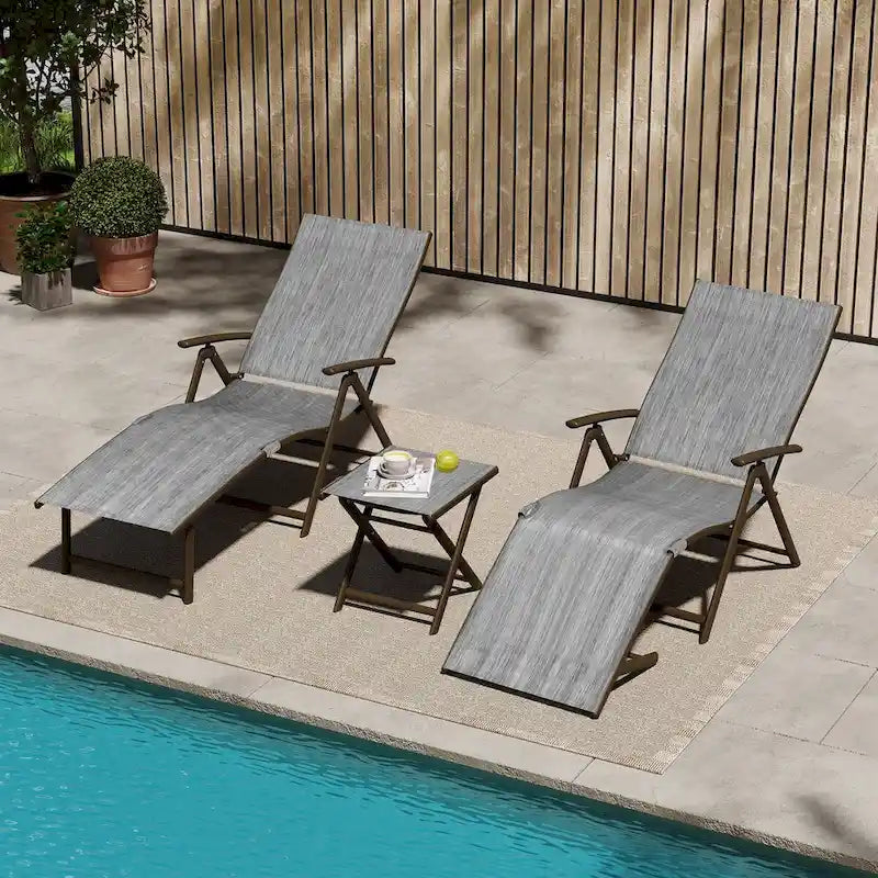 VredHom Outdoor Portable Folding Chaise Lounge Chair with Table (Set of 3) - 70 L x 20 W x 14 H