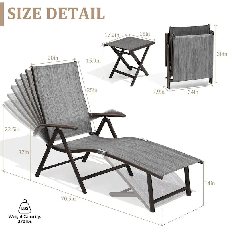 VredHom Outdoor Portable Folding Chaise Lounge Chair with Table (Set of 3) - 70 L x 20 W x 14 H