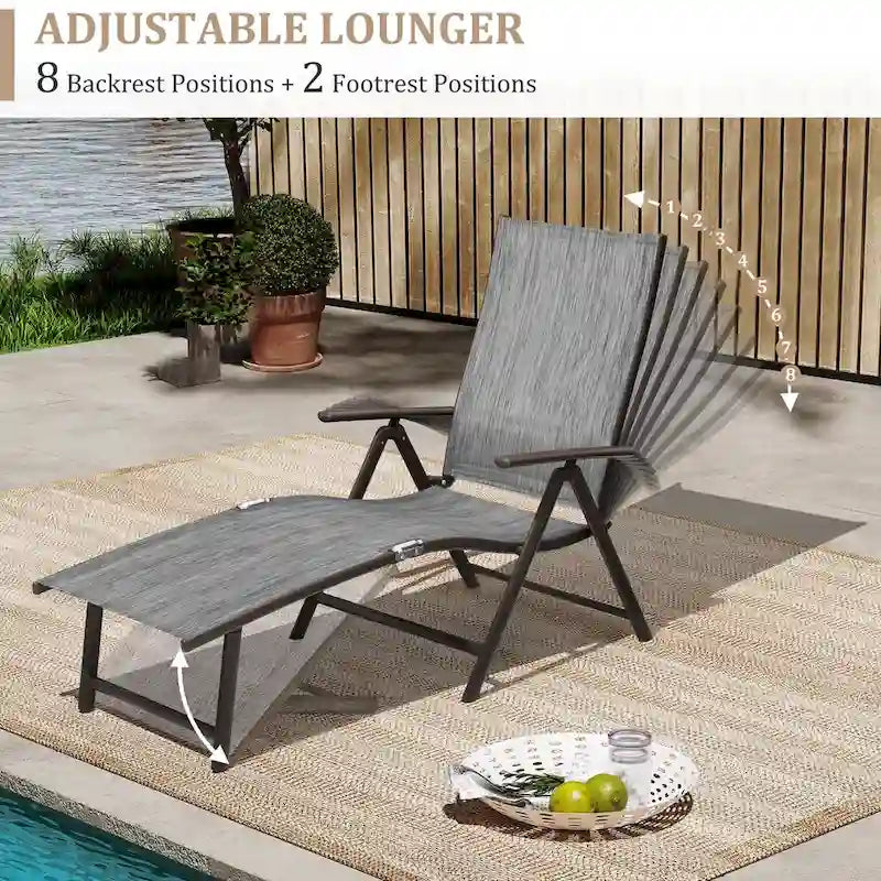 VredHom Outdoor Portable Folding Chaise Lounge Chair with Table (Set of 3) - 70 L x 20 W x 14 H