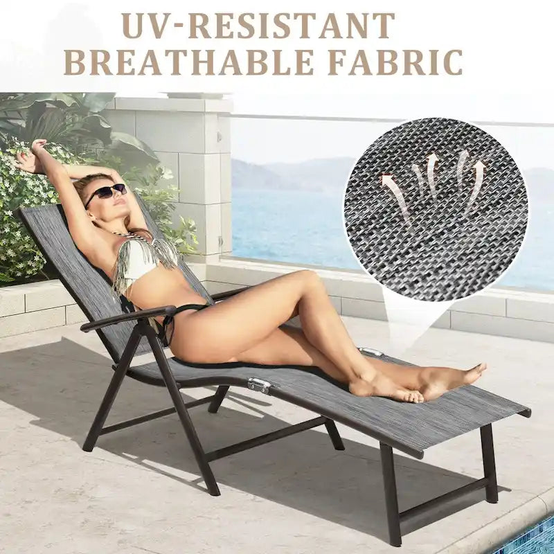VredHom Outdoor Portable Folding Chaise Lounge Chair with Table (Set of 3) - 70 L x 20 W x 14 H