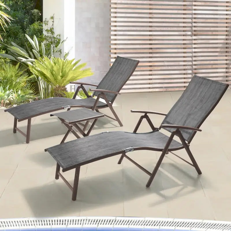 VredHom Outdoor Portable Folding Chaise Lounge Chair with Table (Set of 3) - 70 L x 20 W x 14 H