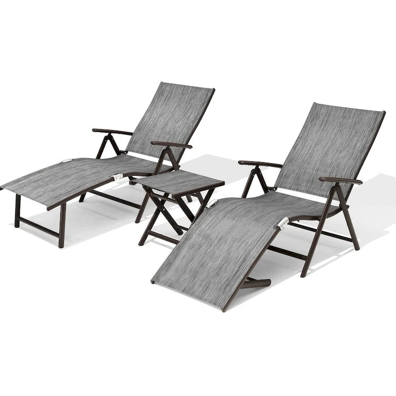 VredHom Outdoor Portable Folding Chaise Lounge Chair with Table (Set of 3) - 70 L x 20 W x 14 H