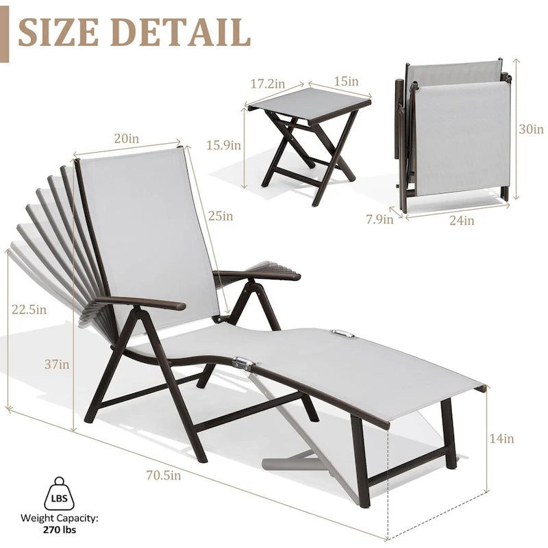 VredHom Outdoor Portable Folding Chaise Lounge Chair with Table (Set of 3) - 70 L x 20 W x 14 H