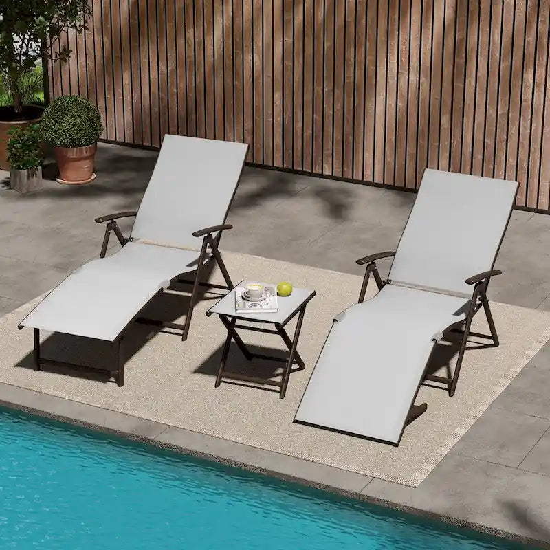 VredHom Outdoor Portable Folding Chaise Lounge Chair with Table (Set of 3) - 70 L x 20 W x 14 H