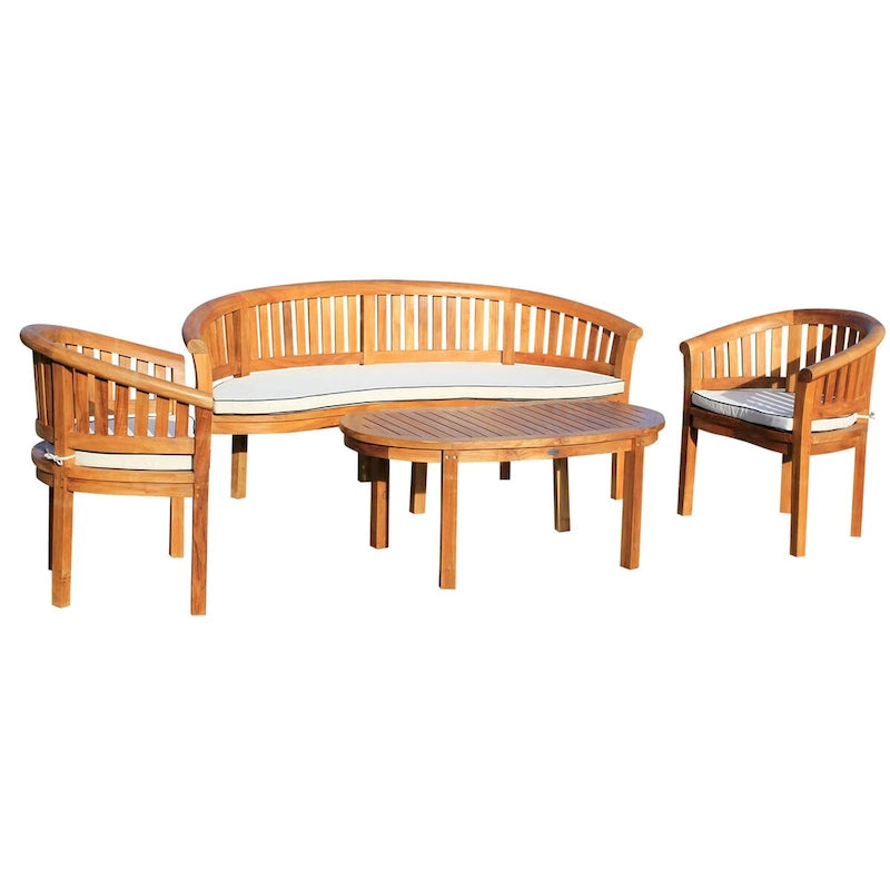 Chic Teak Peanut 4 Piece Teak Wood Patio Lounge Set, Triple Bench, 2 Chairs & Coffee Table