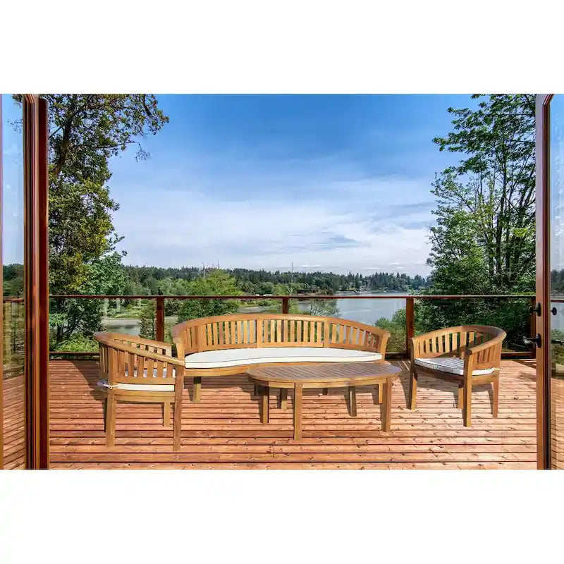 Chic Teak Peanut 4 Piece Teak Wood Patio Lounge Set, Triple Bench, 2 Chairs & Coffee Table