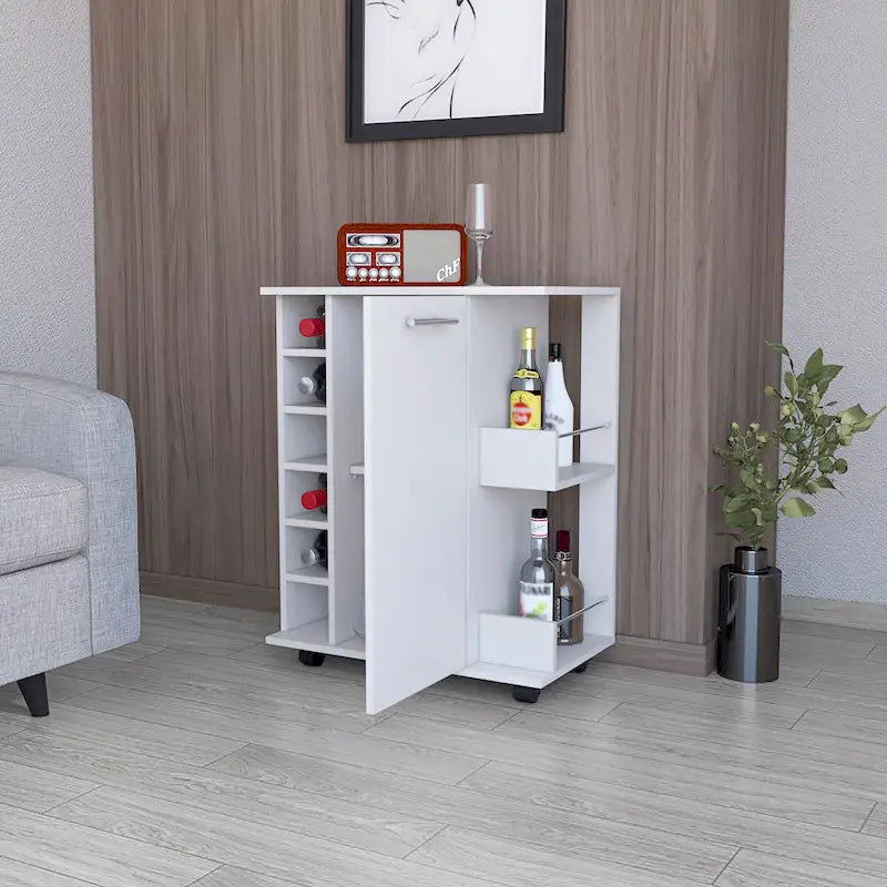 Woodland Bar Cart with Casters, Wine Rack and Open Shelf Black