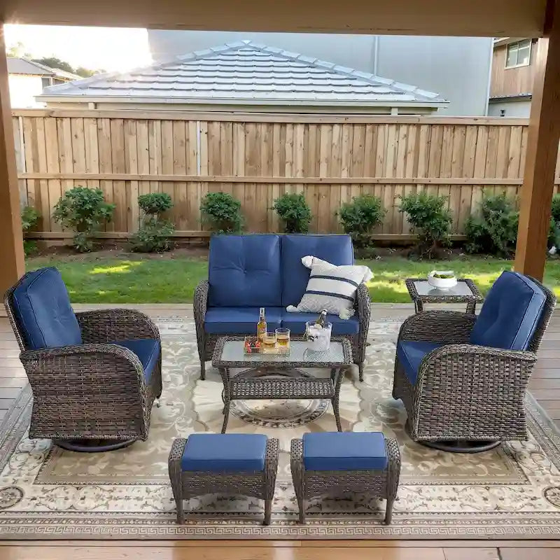 Wicker Swivel Patio Chairs with 2 Seater Sofa Ottoman - Brown