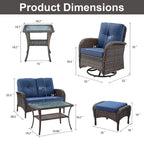 Wicker Swivel Patio Chairs with 2 Seater Sofa Ottoman - Brown