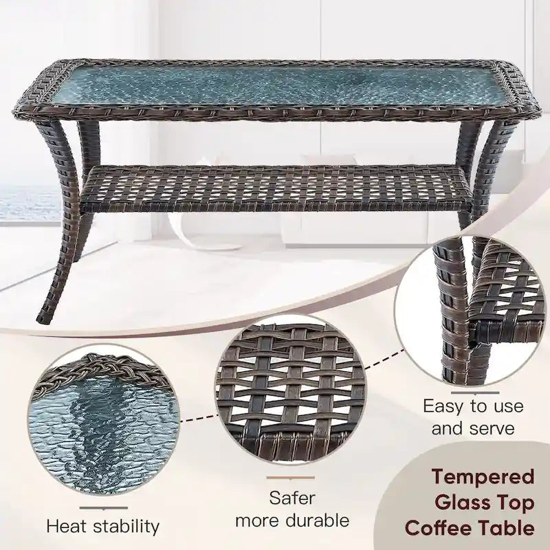 Wicker Swivel Patio Chairs with 2 Seater Sofa Ottoman - Brown