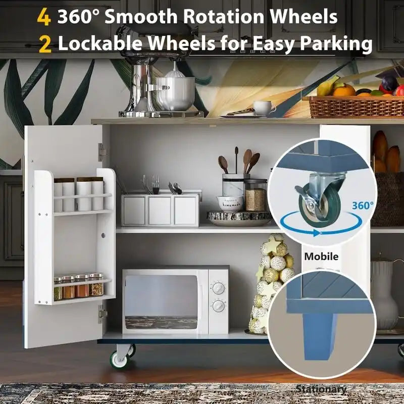 Retro 47D Kitchen Island on Wheels with Drop Leaf,Internal Storage Rack