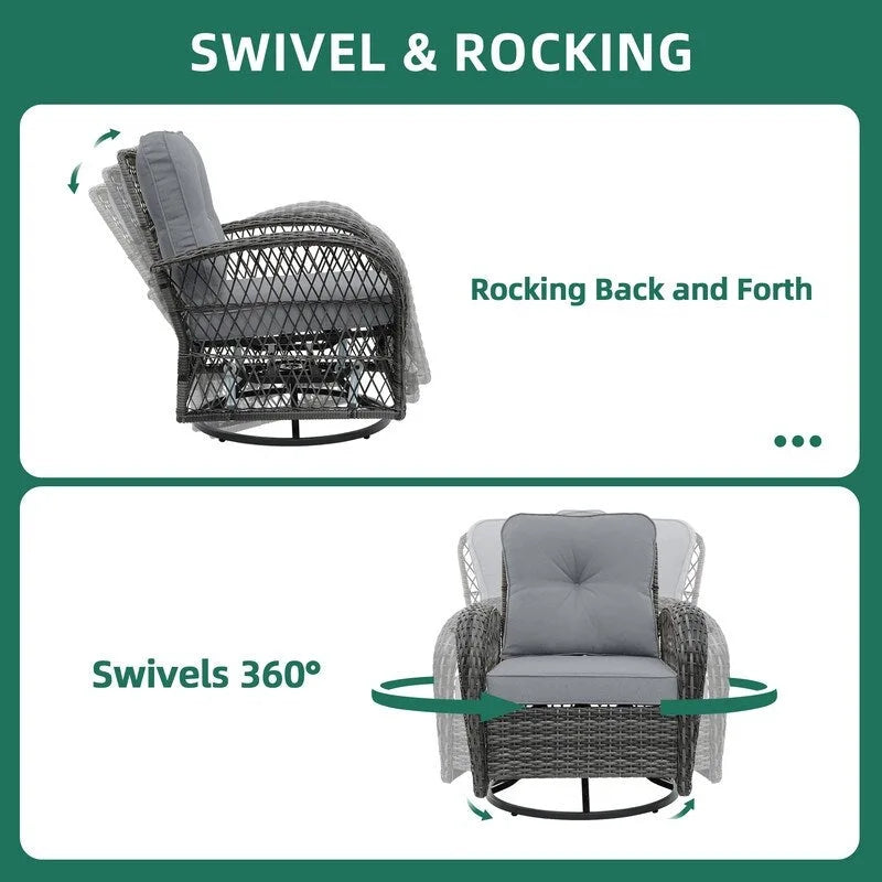 UPHA Grey Wicker Outdoor Rocking & Swivel Chair 2-Piece Set with Cushions