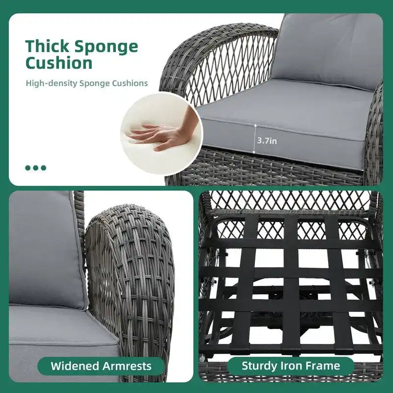 UPHA Grey Wicker Outdoor Rocking & Swivel Chair 2-Piece Set with Cushions