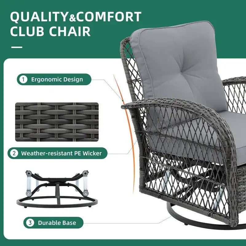 UPHA Grey Wicker Outdoor Rocking & Swivel Chair 2-Piece Set with Cushions