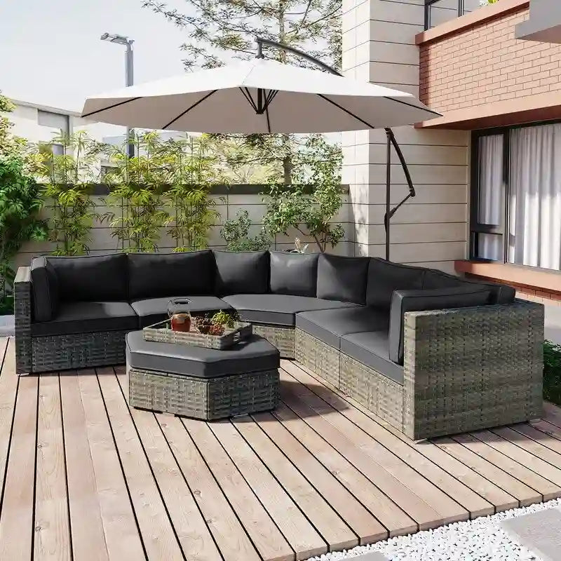 6 Piece Outdoor Conversation Set with Ottoman and Cushions and Small Trays
