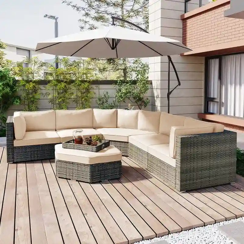 6 Piece Outdoor Conversation Set with Ottoman and Cushions and Small Trays