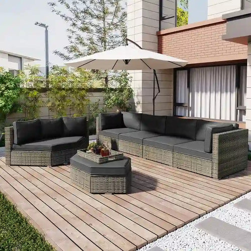 6 Piece Outdoor Conversation Set with Ottoman and Cushions and Small Trays