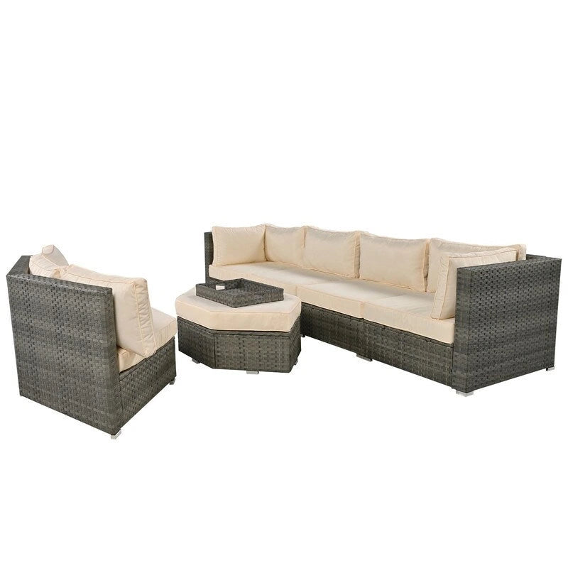 6 Piece Outdoor Conversation Set with Ottoman and Cushions and Small Trays