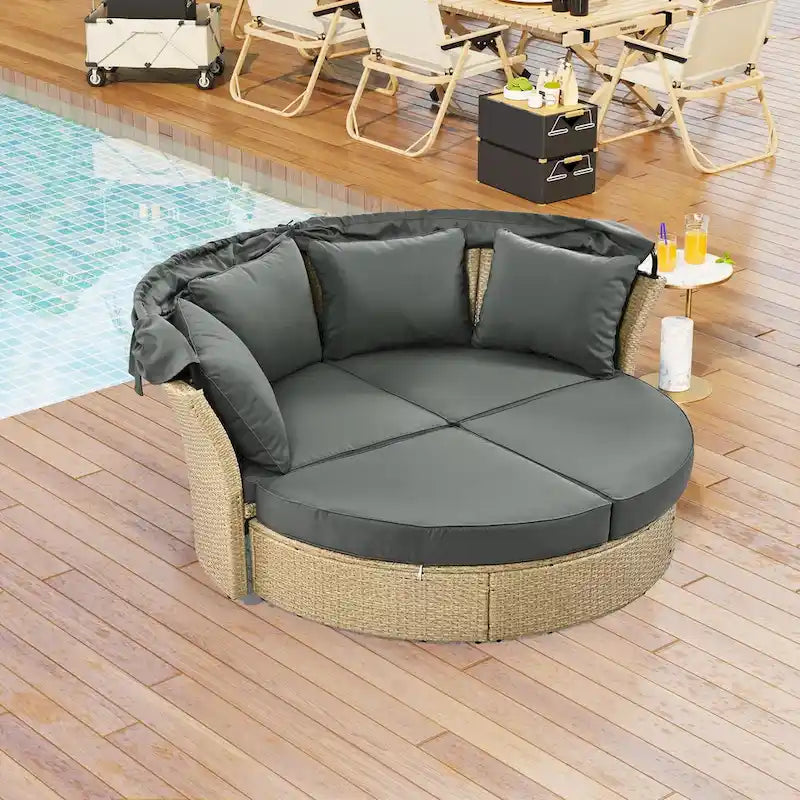 Outdoor Wicker Rattan Double Daybed with Retractable Canopy
