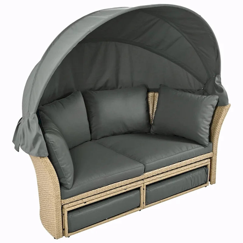Outdoor Wicker Rattan Double Daybed with Retractable Canopy