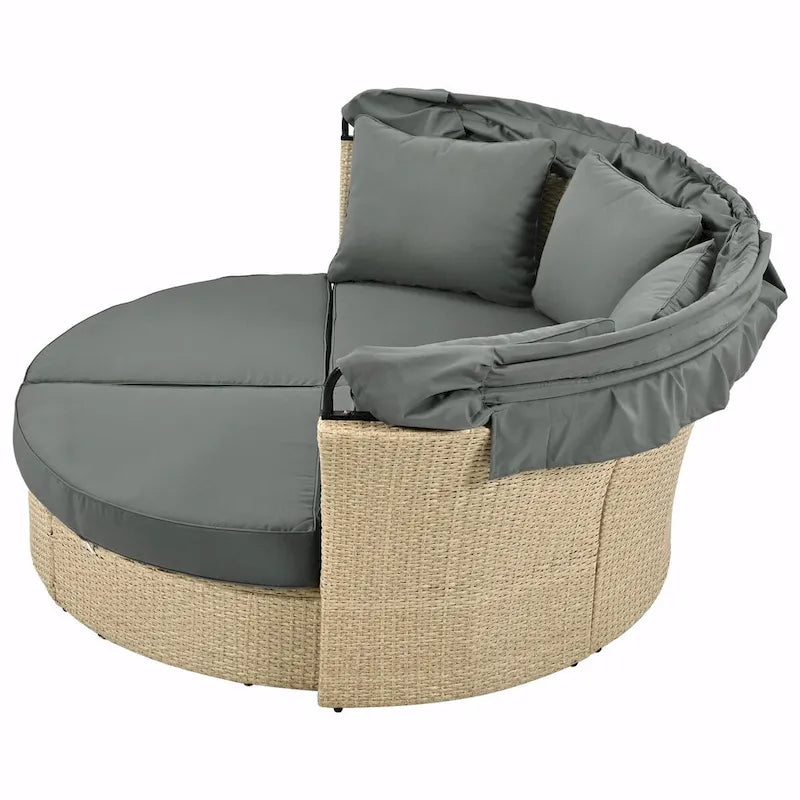 Outdoor Wicker Rattan Double Daybed with Retractable Canopy