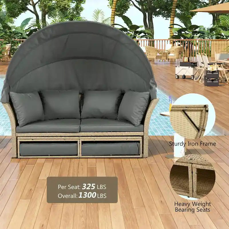 Outdoor Wicker Rattan Double Daybed with Retractable Canopy