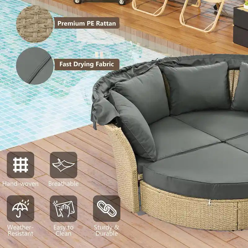 Outdoor Wicker Rattan Double Daybed with Retractable Canopy