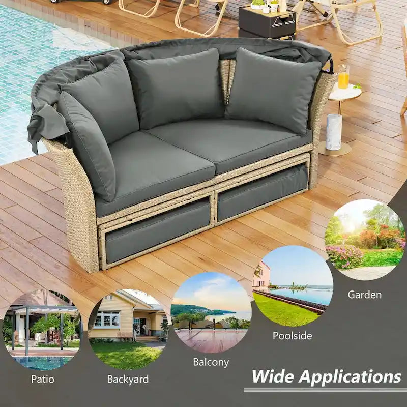 Outdoor Wicker Rattan Double Daybed with Retractable Canopy