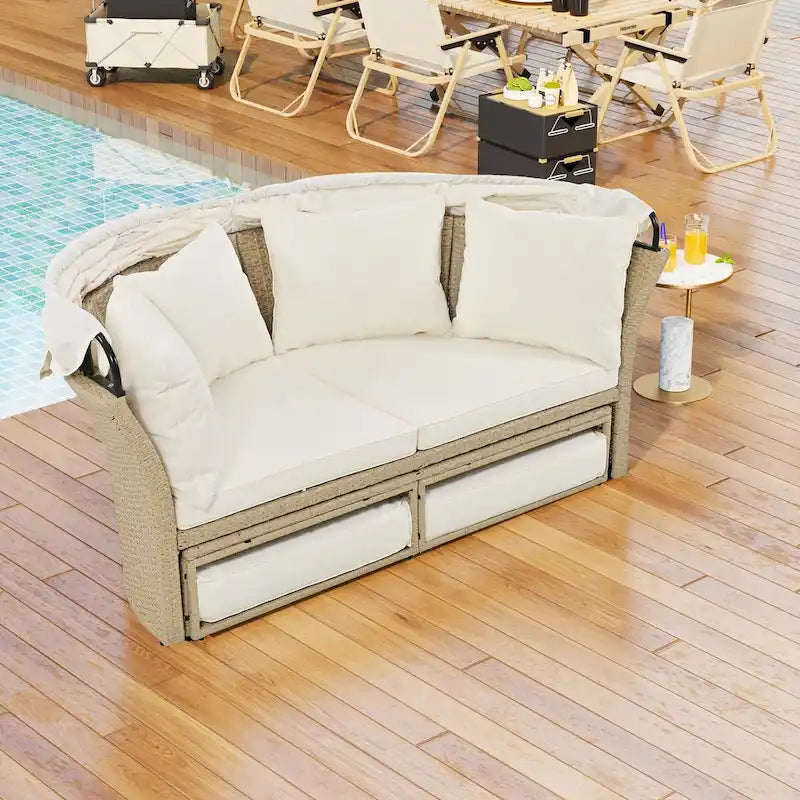 Outdoor Wicker Rattan Double Daybed with Retractable Canopy