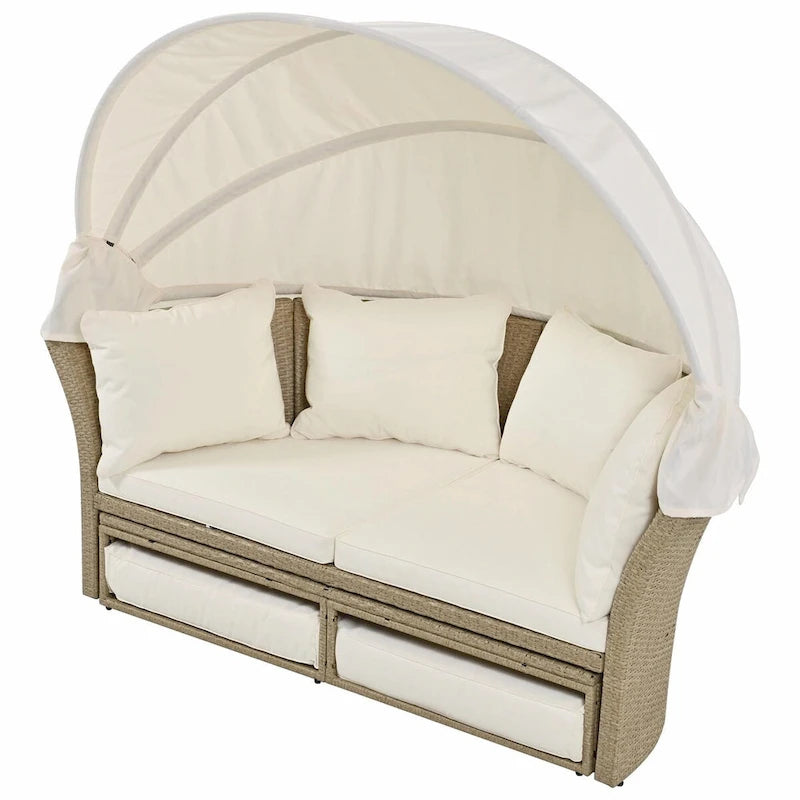 Outdoor Wicker Rattan Double Daybed with Retractable Canopy