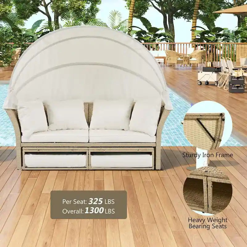 Outdoor Wicker Rattan Double Daybed with Retractable Canopy