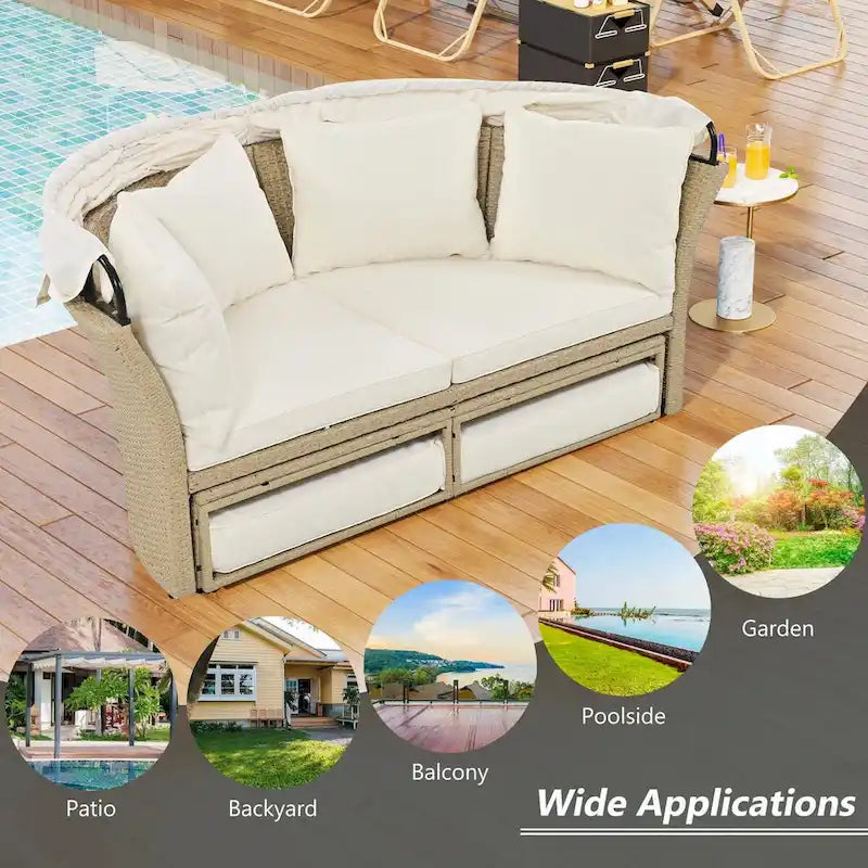 Outdoor Wicker Rattan Double Daybed with Retractable Canopy