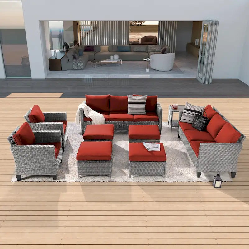 BONOSUKI 9Pcs Patio Sofa Conversation Set Grey Rattan With Side Table
