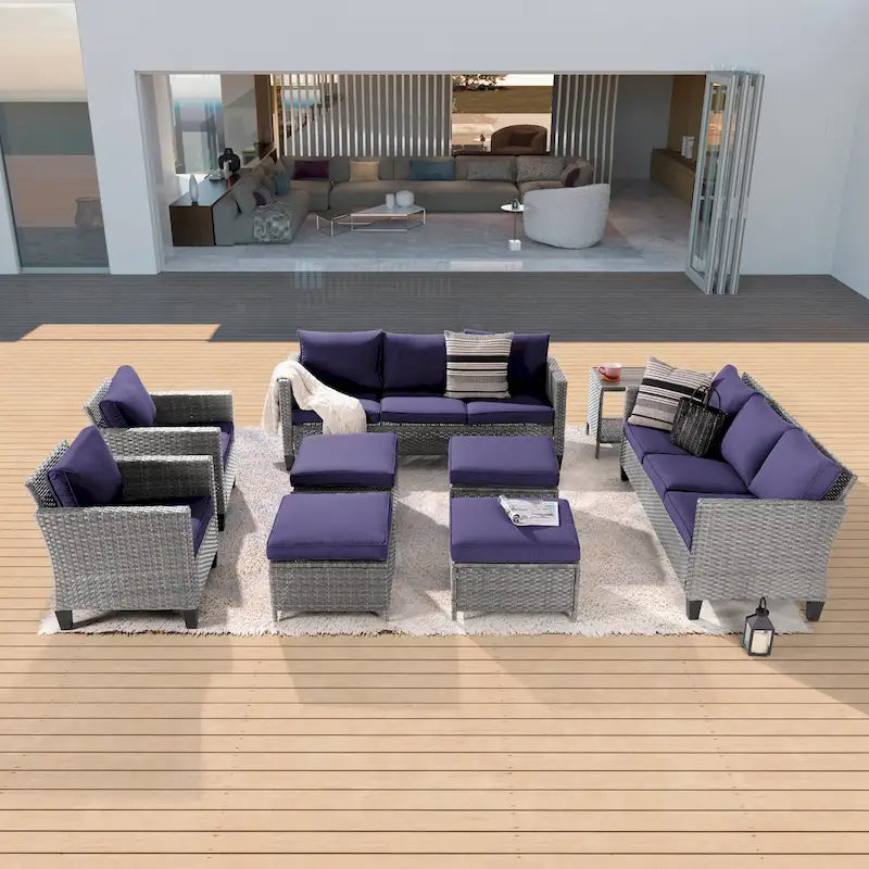 BONOSUKI 9Pcs Patio Sofa Conversation Set Grey Rattan With Side Table