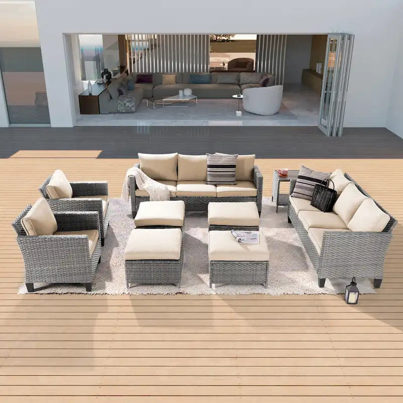 BONOSUKI 9Pcs Patio Sofa Conversation Set Grey Rattan With Side Table